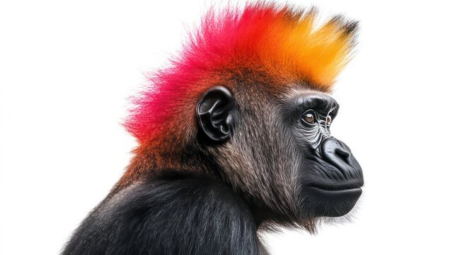 Portrait of gorilla monkey with bright vibrant mohawk, side view isolated on white background