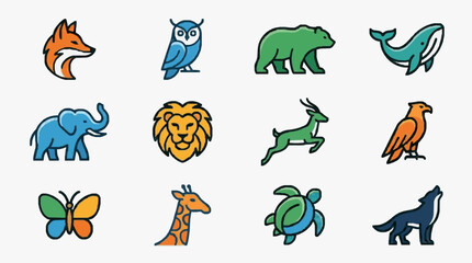 Fototapeta premium Industrial Style Set of 12 Colorful Animals and Creatures for Educational Branding or Design Use