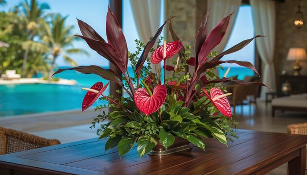 Vibrant red anthurium flowers in a tropical arrangement on a dark wooden table evoke opulent and serene relaxation inside a luxury resort villa overlooking the blue ocean. Nobody.