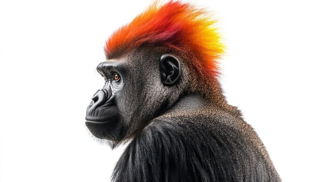 Portrait of gorilla monkey with bright vibrant mohawk, side view isolated on white background