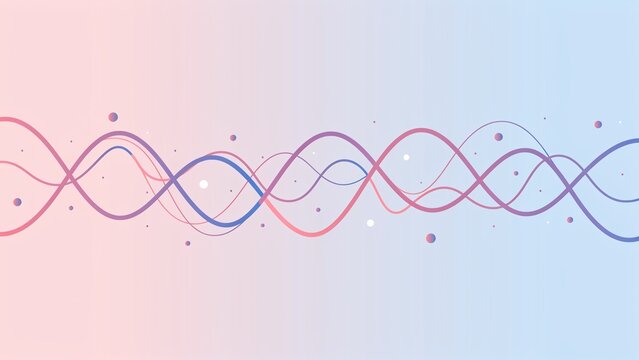 Intertwined pink and blue sinusoidal waves with floating dots