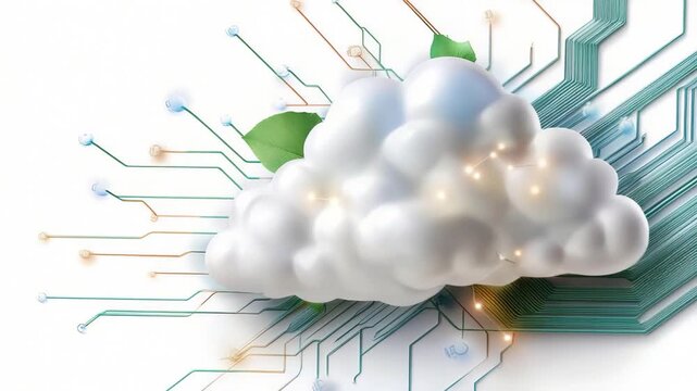Cloud technology concept with circuit board and green leaves symbolizing eco-friendly innovation