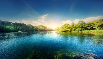 Naklejka premium A Serene Landscape Image Depicts A Waterside Environment With Sunlight