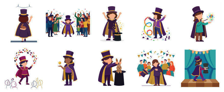 Little Magicians Performance Set, Children Cartoon Characters Doing Magic Tricks with Hat and Rabbit Illustration