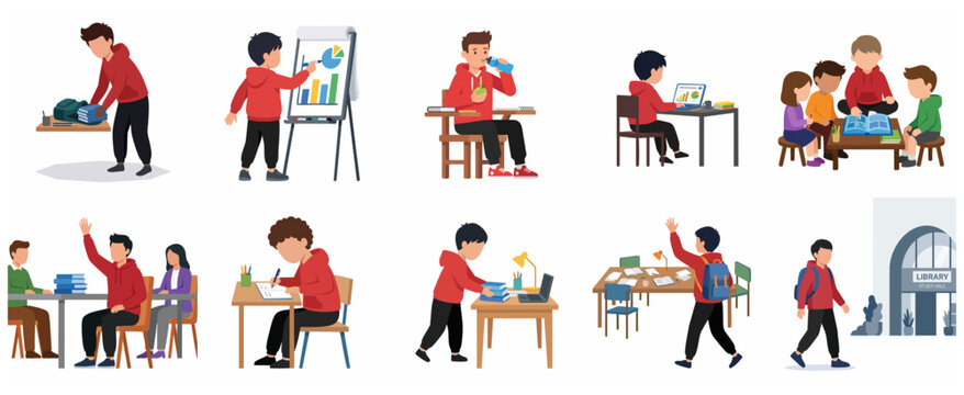 Student School Activities Vector Illustration Set, Kids Learning, Studying, and Presenting in Classroom