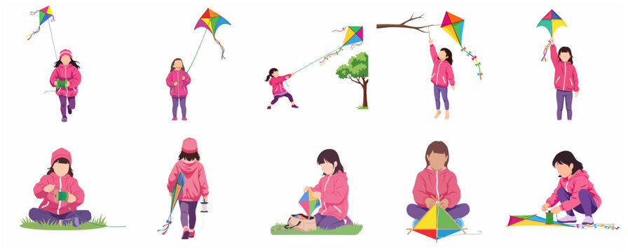 Little girl in pink jacket flying and playing with a colorful kite vector illustration set
