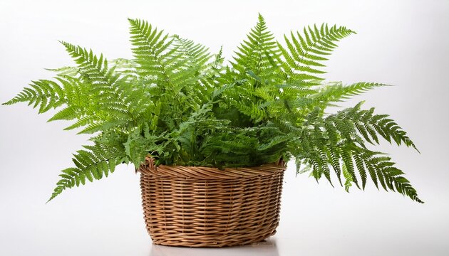 Lush Green Fern Houseplant In A Woven Wicker Basket Pot Isolated On Wh