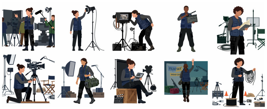 Diverse film production crew set with professional cinematographers, directors, and technicians working with movie equipment in flat vector illustration style