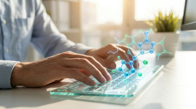 Hands keyboard molecular model drug design research science laboratory computer technology innovation