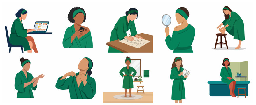 Vector illustration set of women performing skin self-examinations for melanoma awareness and mole mapping