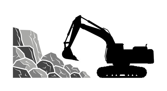Silhouette of a heavy construction excavator working on a pile of rocks.