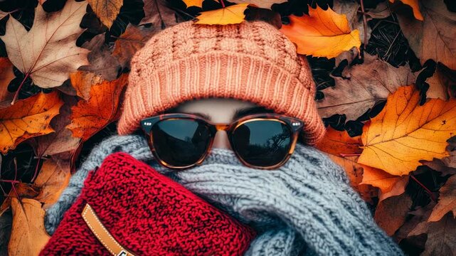 Person bundled in knit beanie, chunky scarf and sunglasses lying on orange autumn leaves with a red knitted bag nearby