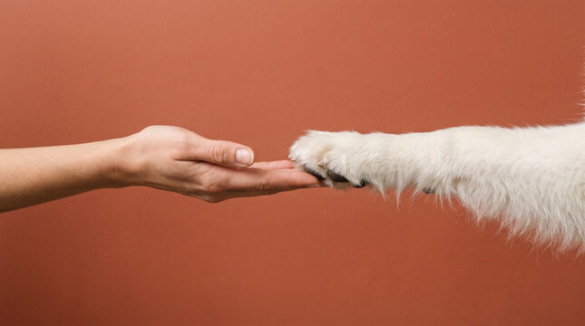 Fluffy white dog paw and human hand affectionately touching representing unconditional love, trust and animal adoption with copy space against warm terracotta backdrop
