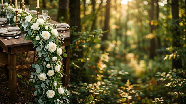 Elegant wedding dinner table setting decorated with white roses in forest