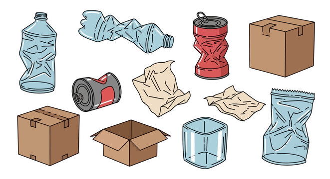Collection of crumpled and intact recyclable waste items including plastic bottles cans and cardboard boxes.
