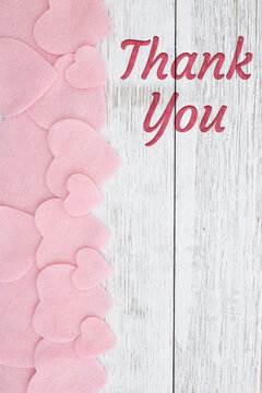 Thank You card with pink heart border on rustic white wood
