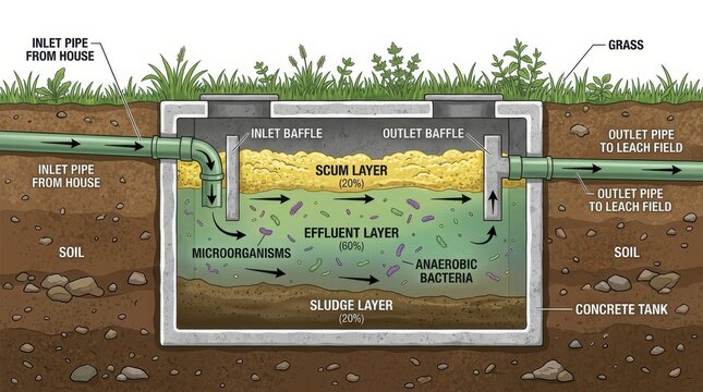 Crosssection diagram of a septic tank system showing internal layers