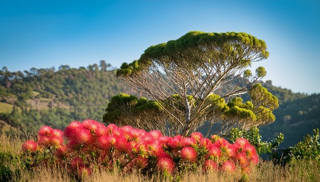 Hakea Pin Cushion Flower Blooming With Callistemon Tree In The Background