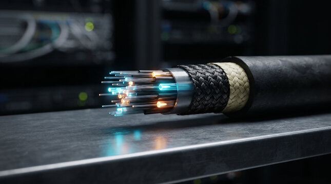 Fiber optic cable with futuristic aesthetic glowing with data transmission, dark carbon and neon blue light, high speed internet connectivity for digital infrastructure