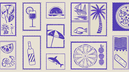 Collection Of Purple Illustrated Stamp Designs Featuring Tropical Fruits Drinks And Coastal Scenes beachcomber beach commemorative design © Apurba