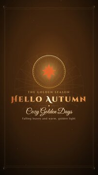Hello Autumn elegant golden fall season greeting animation with maple leaf and ornamental frame