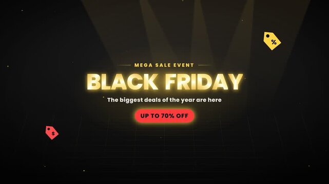 Black Friday sale elegant gold promotion animation with price tag and up to 70 percent off
