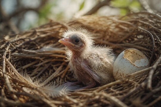 A newly hatched downy chick resting in a large nest in soft morning light.