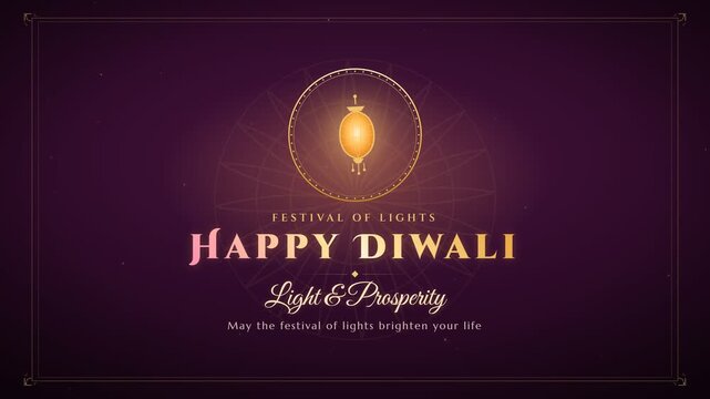 Happy Diwali elegant gold greeting animation with decorative lantern and ornamental frame