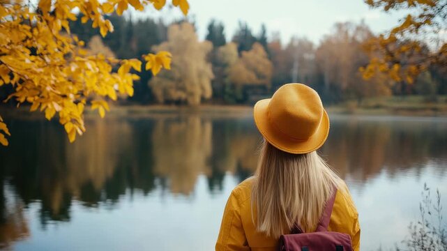 Rear view of a woman in a yellow coat and hat standing by a calm autumn lake surrounded by golden fall foliage