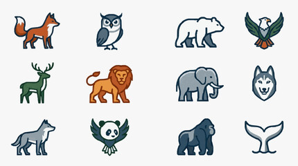 Fototapeta premium Industrial Style Set of 12 Whimsical and Mythical Animals with Bold Colors and Clean Line Art with high quality professional line art symbols for modern creative design and digital branding projects