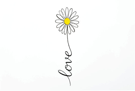 A simple line drawing of a daisy flower with the word love