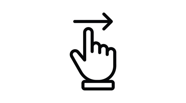 Minimalist black and white hand gesture icon showing a right swipe motion for mobile touch screen interfaces designed in a clean simple vector graphic art style