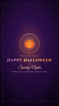 Happy Halloween elegant greeting animation with pumpkin and ornamental frame on dark background