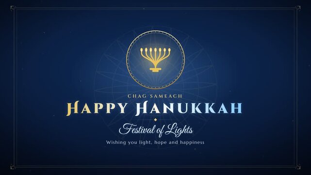 Happy Hanukkah elegant greeting animation with menorah on blue and gold background