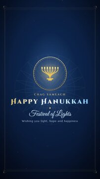 Happy Hanukkah elegant greeting animation with menorah on blue and gold background