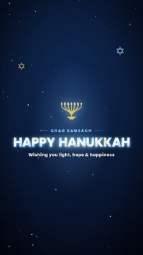 Happy Hanukkah elegant greeting animation with menorah on blue and gold background