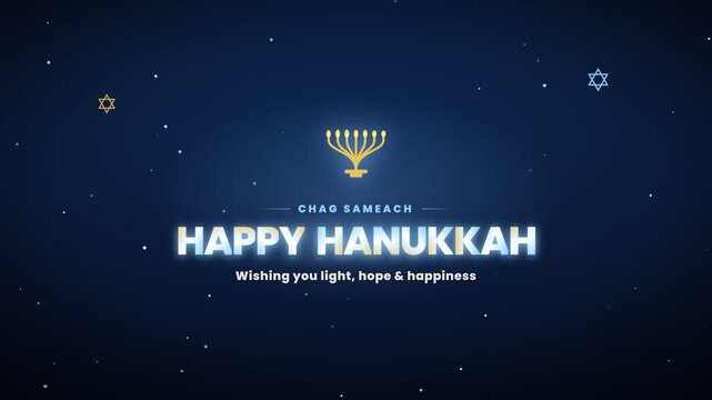 Happy Hanukkah elegant greeting animation with menorah on blue and gold background