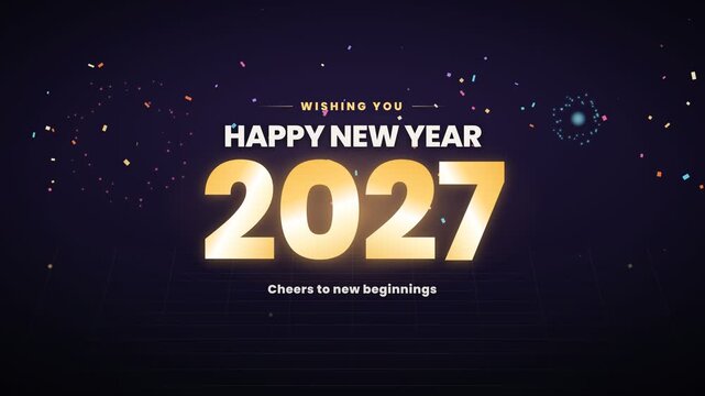 Happy New Year 2027 elegant gold motion graphics greeting with fireworks, confetti and sparkles on dark background