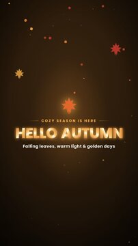 Hello Autumn elegant golden fall season greeting animation with maple leaf and ornamental frame