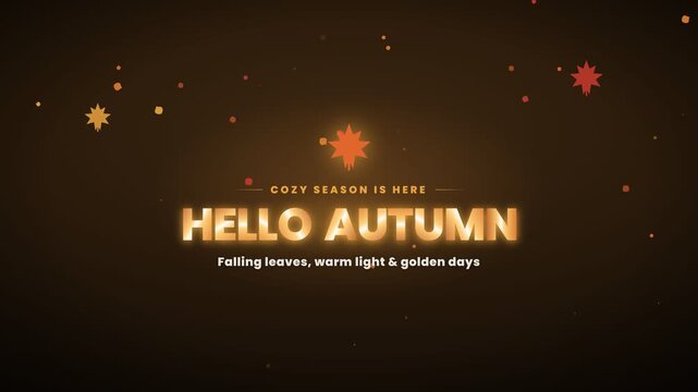 Hello Autumn elegant golden fall season greeting animation with maple leaf and ornamental frame