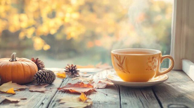 Warm autumn scene with a steaming yellow teacup on a wooden windowsill, small pumpkin, pine cones and scattered fall leaves
