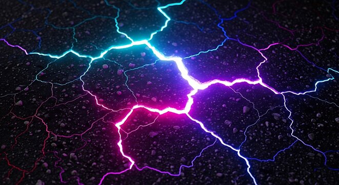 Cracked dark asphalt ground with glowing cyan and magenta lightning patterns spreading across