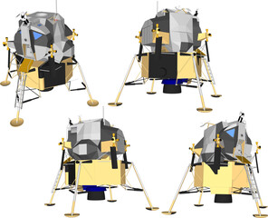 Apollo Lunar Module lander featuring detailed landing legs, gold-colored thermal foil cladding, and communication antennas, shown from four different perspective angles for aerospace simulation and ed © nur