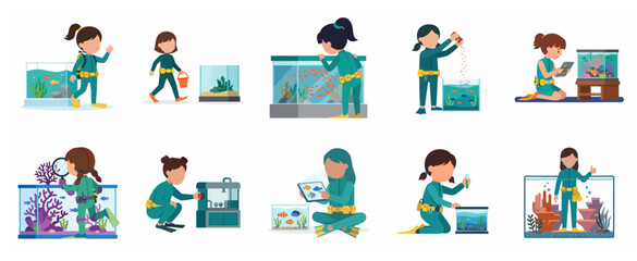 Set of girl character in diving suit taking care of fish tank and aquarium illustration © Haimura