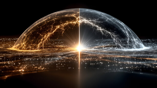 Dark Background Warm Gold Cool Silver Luminous Arc Converge Burst Light Points, Pange Question Answer Visualized Abstract Art, Commercial Backdrop For Cultural Audio Xianxia Magic Array Game