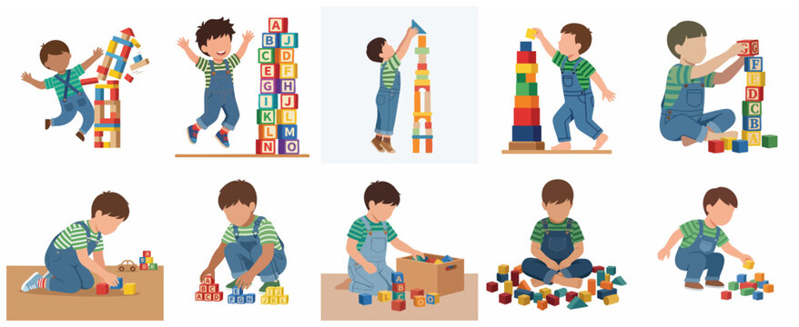 Set of vector illustrations of a little boy playing with colorful building blocks and alphabet cubes, child learning and building towers.