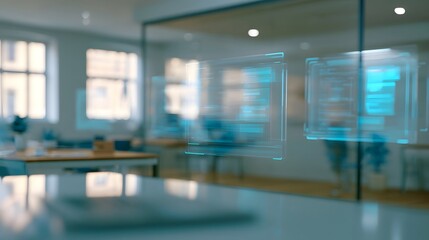 Fototapeta premium Futuristic transparent holographic displays float above a modern office workspace with glass walls and ambient lighting