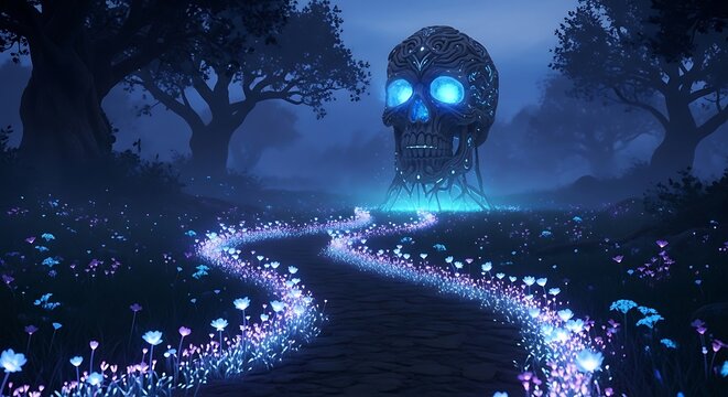 Giant stone skull with glowing blue eyes in a dark forest with bioluminescent flower path