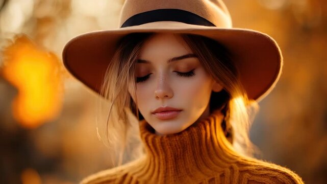 Portrait of a young woman in a brown wide-brim hat and mustard turtleneck sweater, eyes closed in warm golden-hour autumn light with soft bokeh background