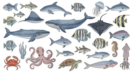 Collection of Watercolor Marine Life Illustrations. © dada
